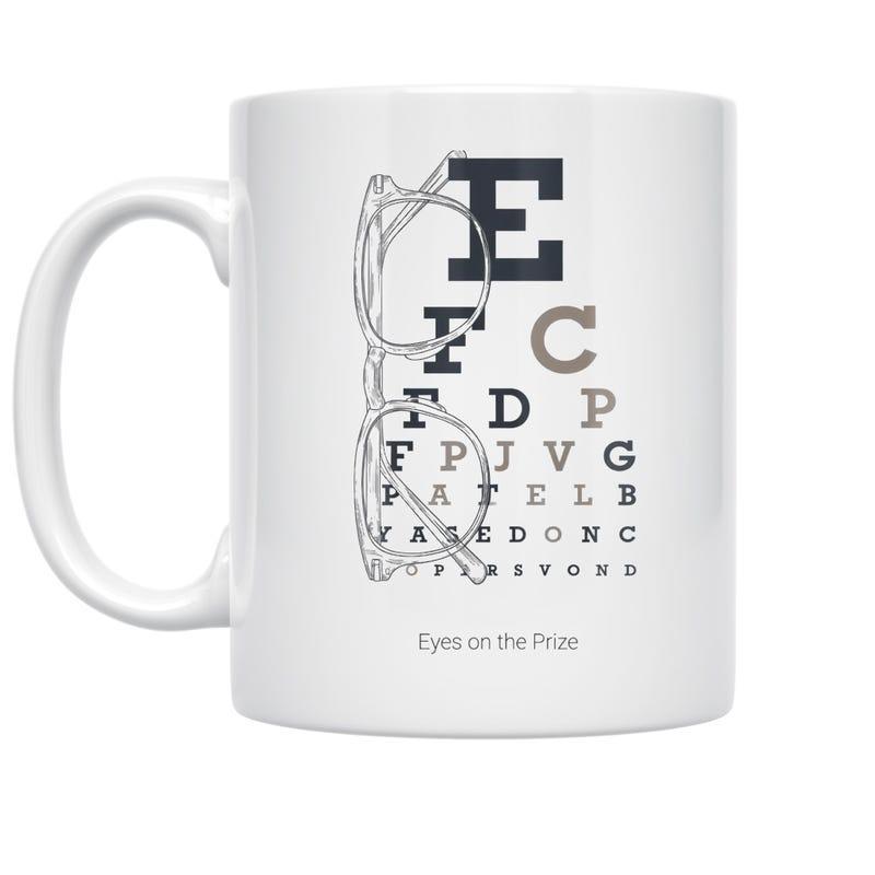 Tailorly White Ceramic 11 oz Mug - Eyes On The Prize Intricate Eyeglass Sketch Overlapping Classic Snellen Medical Eye Examination Vision Chart