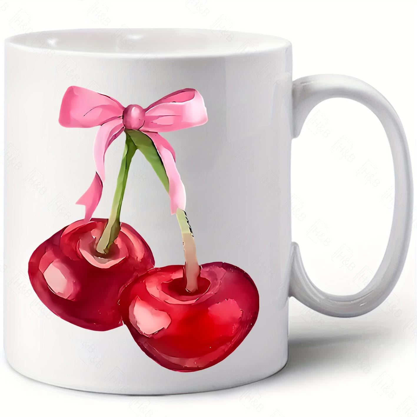 Tailorly White Ceramic 11 oz Mug - Vibrant Red Fruit With A Pink Satin Bow Tied On Green Stems Cherry