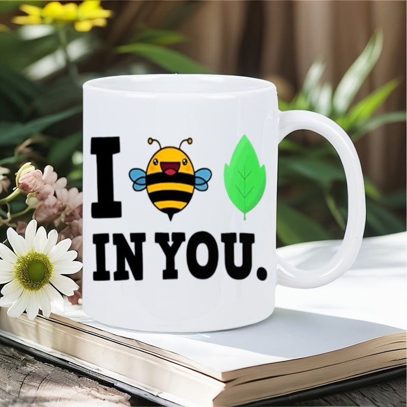 Tailorly White Ceramic 11 oz Mug - I In You Smiling Yellow Bumblebee Next To A Single Vibrant Green Leaf Bee