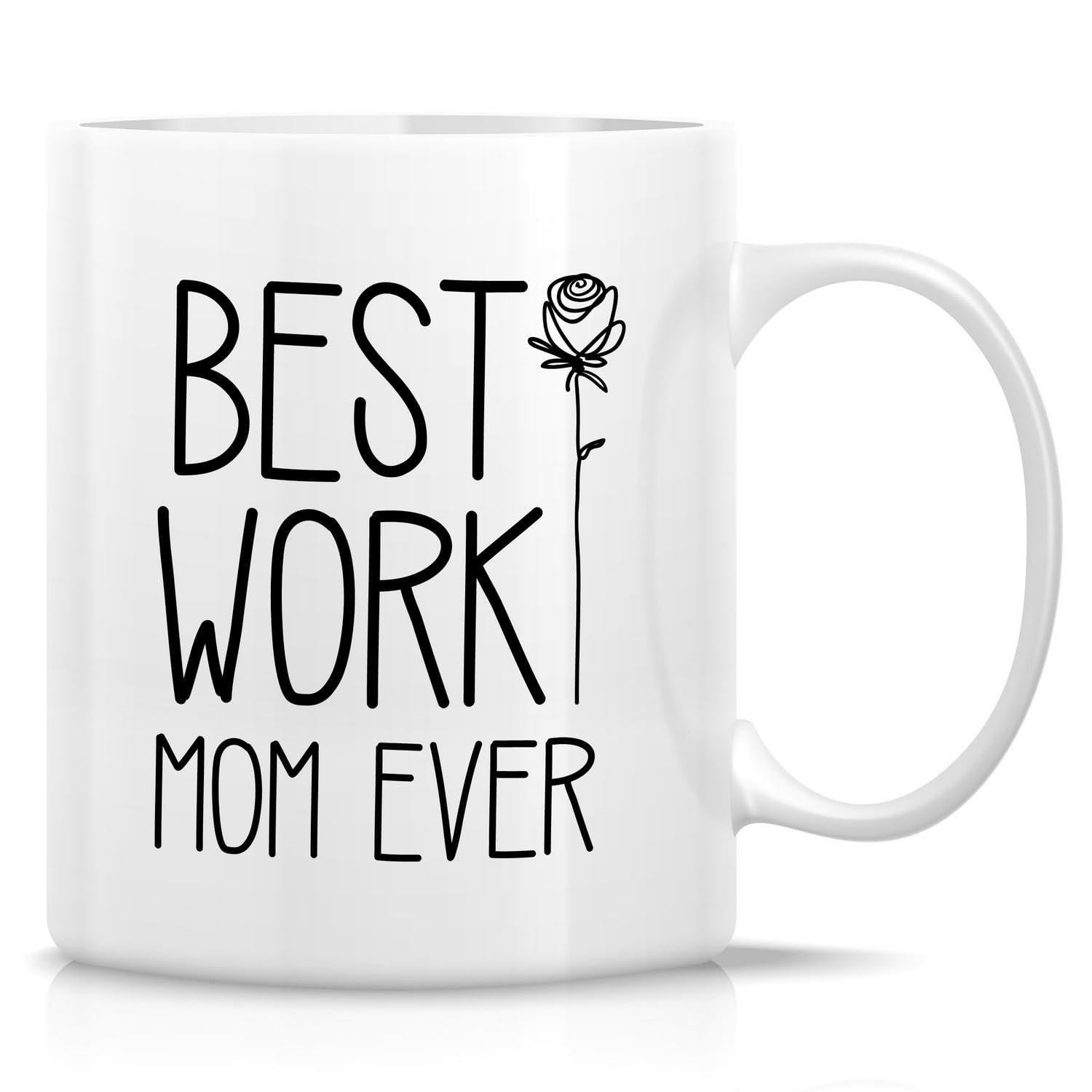 Tailorly White Ceramic 11 oz Mug - Best Work Mom Ever Hand Drawn Minimalist Floral Design With Long Stem Rose
