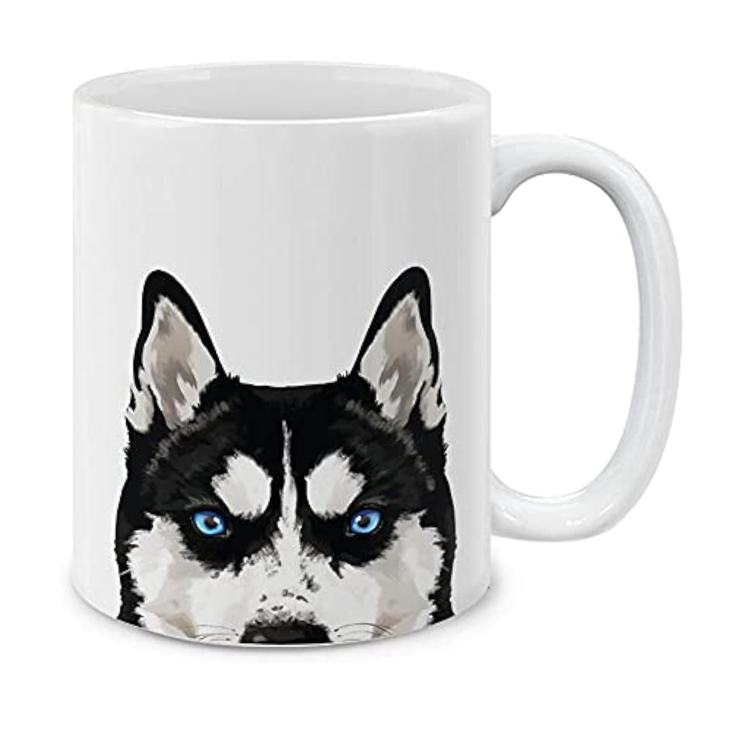 Tailorly White Ceramic 11 oz Mug - Minimalist Black And White Peering Dog Portrait With Vivid Blue Eyes Husky