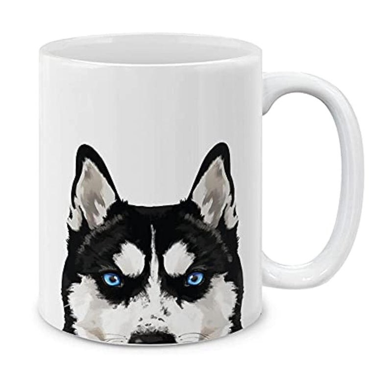 Tailorly White Ceramic 11 oz Mug - Minimalist Black And White Peering Dog Portrait With Vivid Blue Eyes Husky