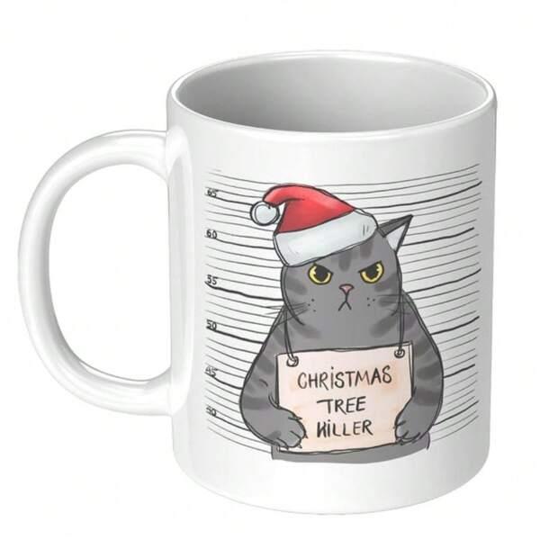Tailorly White Ceramic 11 oz Mug - Christmas Tree Killer Grumpy Grey Tabby Wearing Red Santa Hat Holding Humorous Sign Board Cat