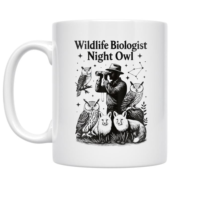 Tailorly White Ceramic 11 oz Mug - Wildlife Biologist Night Owl Vintage Ink Sketch Depicting Researcher Observing Animals Under A Night Sky Biologist