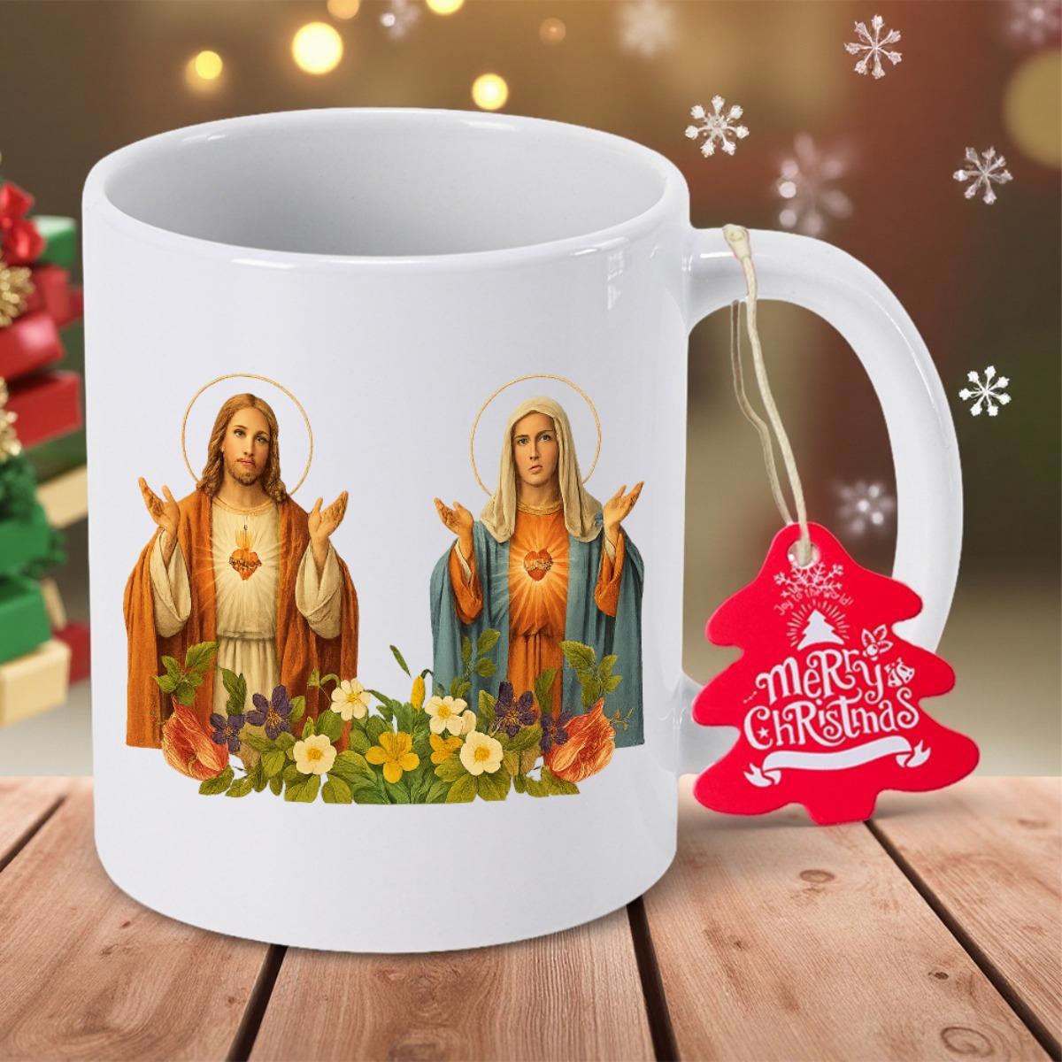 Tailorly White Ceramic 11 oz Mug - Merry Christmas Divine Sacred Heart Of Jesus And Mary Among Colorful Blooming Flowers Portrait