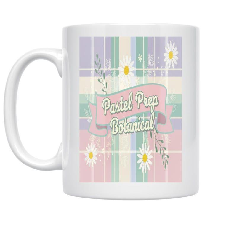 Tailorly White Ceramic 11 oz Mug - Pastel Prep Botanical Colorful Striped Background Featuring Delicate White Daisies And Floral Banner Botanical