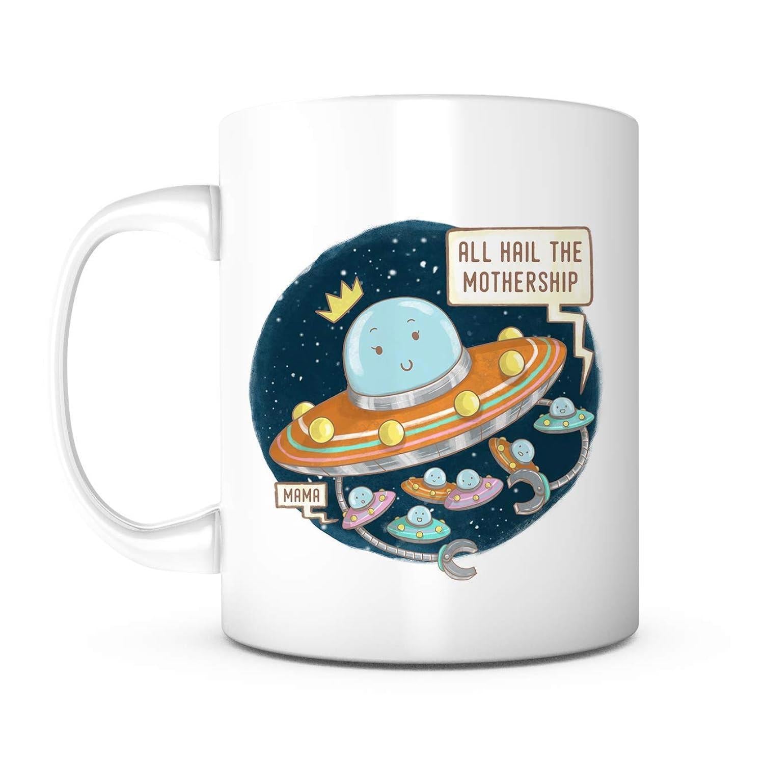 Tailorly White Ceramic 11 oz Mug - All Hail The Mothership Hero Cute Smiling Cartoon Spaceship Wearing Crown Surrounded By Tiny Colorful Flying Saucers Spaceship