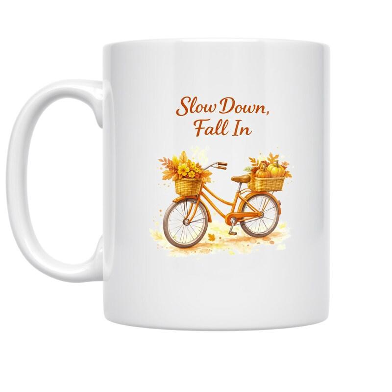 Tailorly White Ceramic 11 oz Mug - Slow Down Fall In Vintage Orange Frame With Baskets Carrying Golden Autumn Flowers And Leaves Bicycle