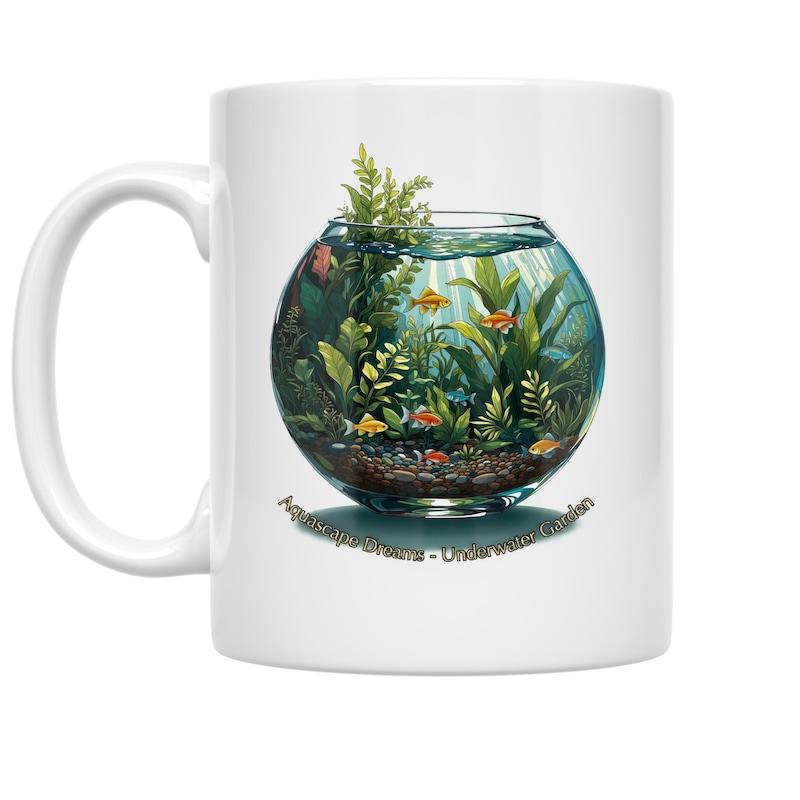 Tailorly White Ceramic 11 oz Mug - Lush Green Plants And Swimming Goldfish Inside Crystal Fishbowl