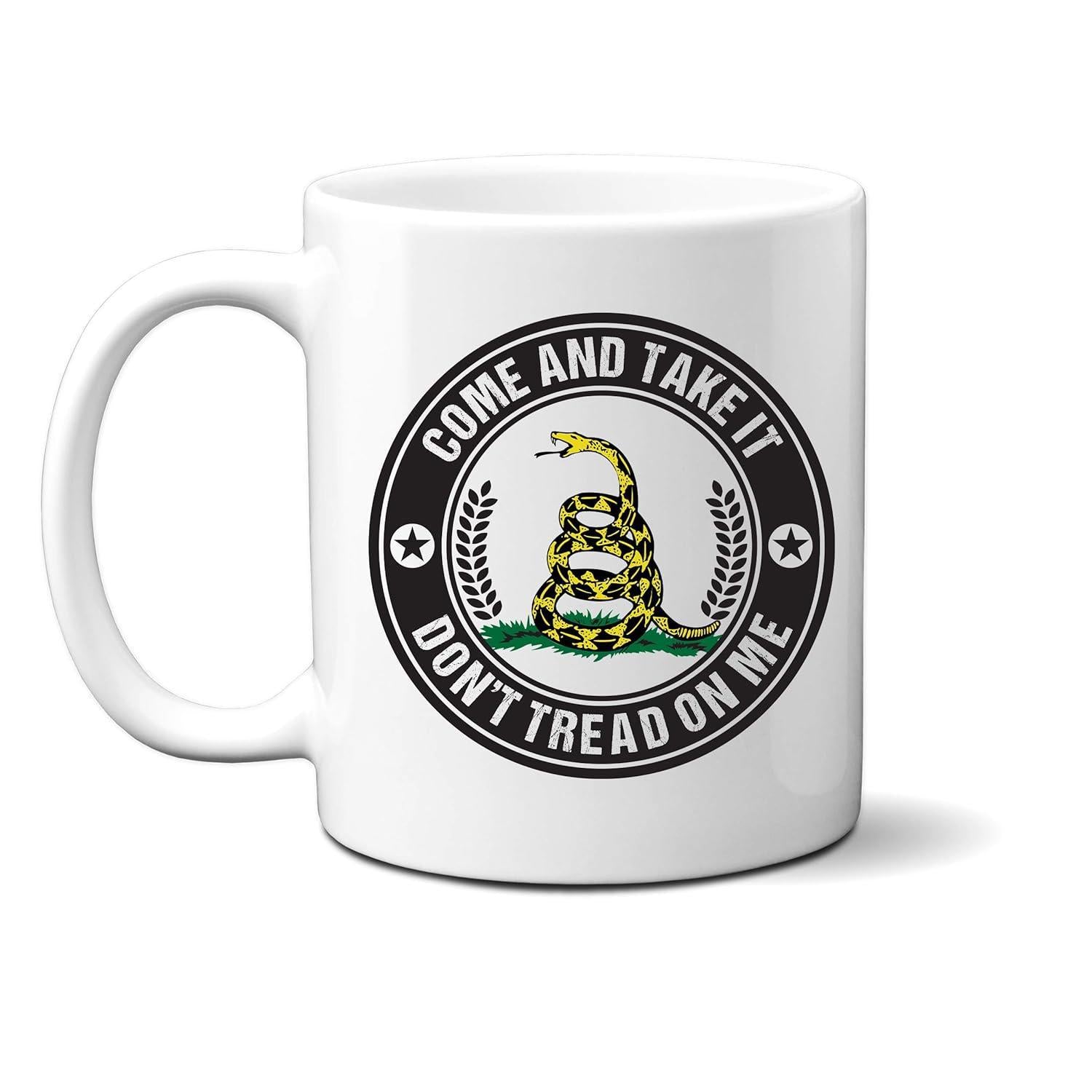 Tailorly White Ceramic 11 oz Mug - Come And Take It Don't Tread On Me Powerful Coiled Serpent Ready To Strike Within A Circular Emblem Frame Snake