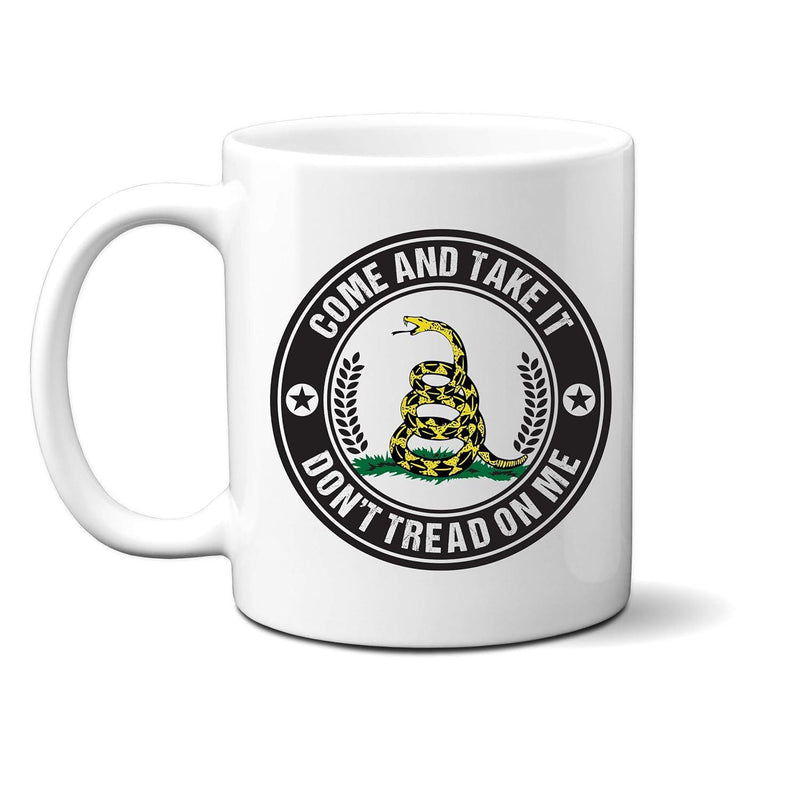Tailorly White Ceramic 11 oz Mug - Come And Take It Don't Tread On Me Powerful Coiled Serpent Ready To Strike Within A Circular Emblem Frame Snake