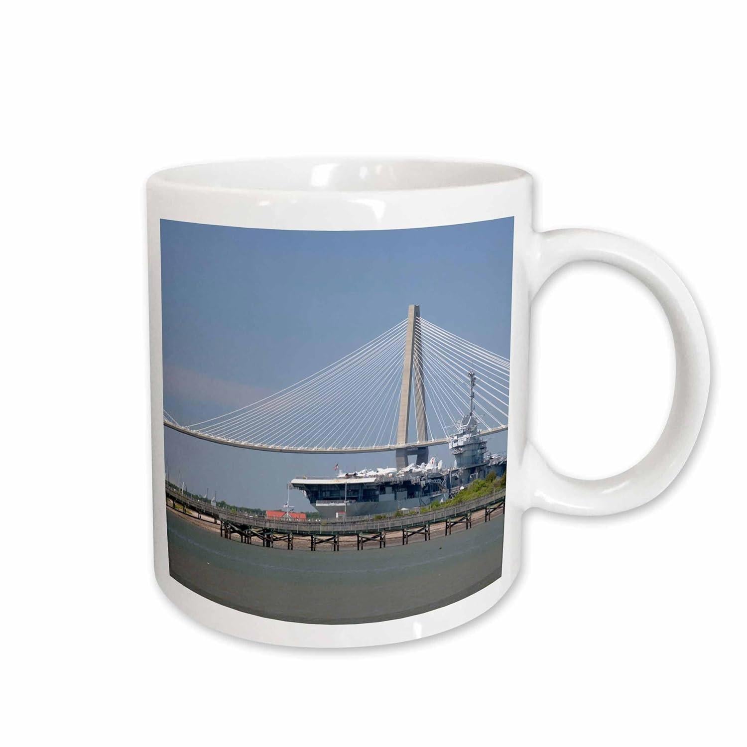 Tailorly White Ceramic 11 oz Mug - Stately White Cable Stayed Bridge Spanning Across Calm Coastal Blue Water Bridge