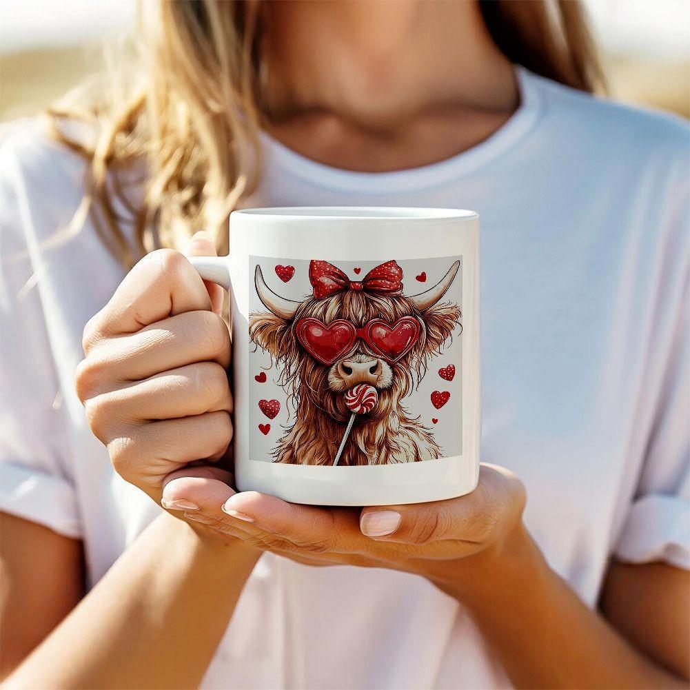 Tailorly White Ceramic 11 oz Mug - Adorable Fluffy Wearing Red Bow And Heart Sunglasses Sucking Lollipop Highland Cow