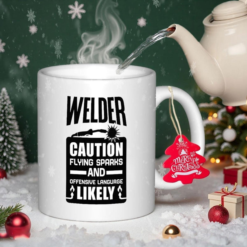 Tailorly White Ceramic 11 oz Mug - Welder Caution Flying Sparks And Offensive Language Likely Bold Industrial Typography With Realistic Welding Torch Icons In
