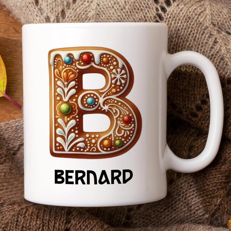 Tailorly White Ceramic 11 oz Mug - Bernard Ornate Gingerbread Initial Decorated With Colorful Ornaments And White Icing Letter