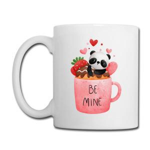 Tailorly White Ceramic 11 oz Mug - Be Mine Adorable Panda Sitting Inside Pink Cup With Sweet Strawberry And Hearts Panda