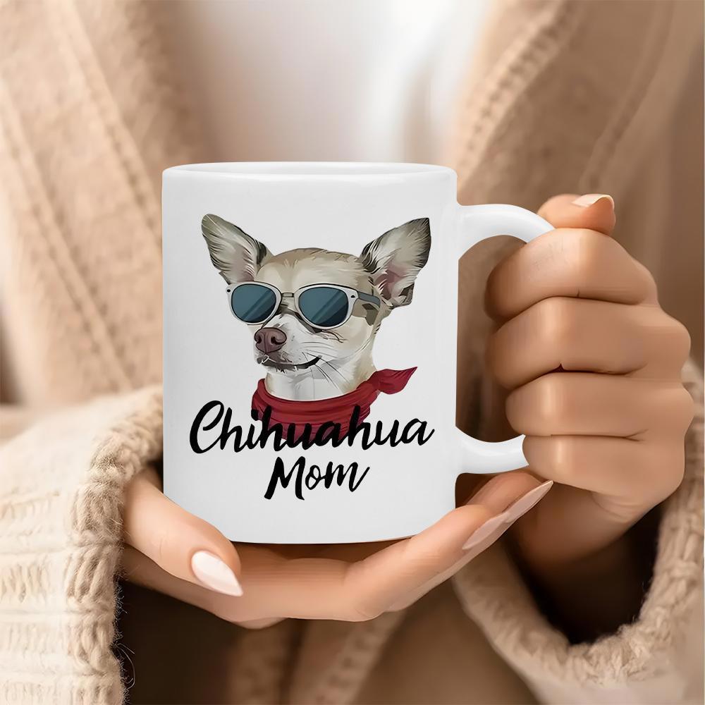 Tailorly White Ceramic 11 oz Mug - Chihuahua Mom Cool Pet Wearing Stylish Dark Sunglasses And Red Bandana Accessory Chihuahua