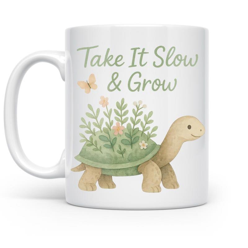 Tailorly White Ceramic 11 oz Mug - Take It Slow Grow Calm Watercolor Styled Turtle With Green Botanical Plants Turtle