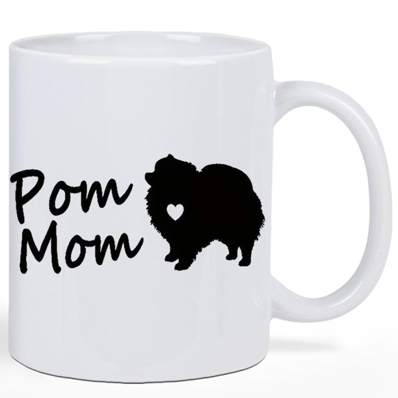 Tailorly White Ceramic 11 oz Mug - Pom Mom Minimalist Black Silhouette Featuring A Heart Inside A Fluffy Pomeranian Dog