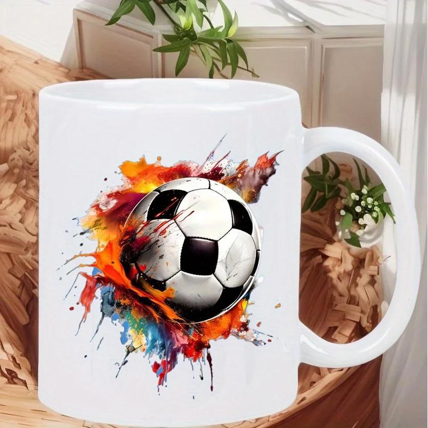 Tailorly White Ceramic 11 oz Mug - Vibrant Artistic Watercolor Splashes Surrounding A Dynamic Sporting Spirit Action Soccer Ball