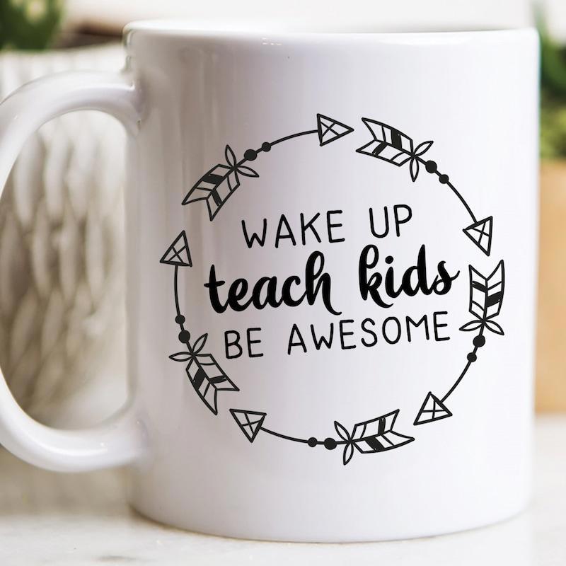 Tailorly White Ceramic 11 oz Mug - Wake Up Teach Kids Be Awesome Bohemian Tribal Style Arrows Forming A Decorative Circular Wreath