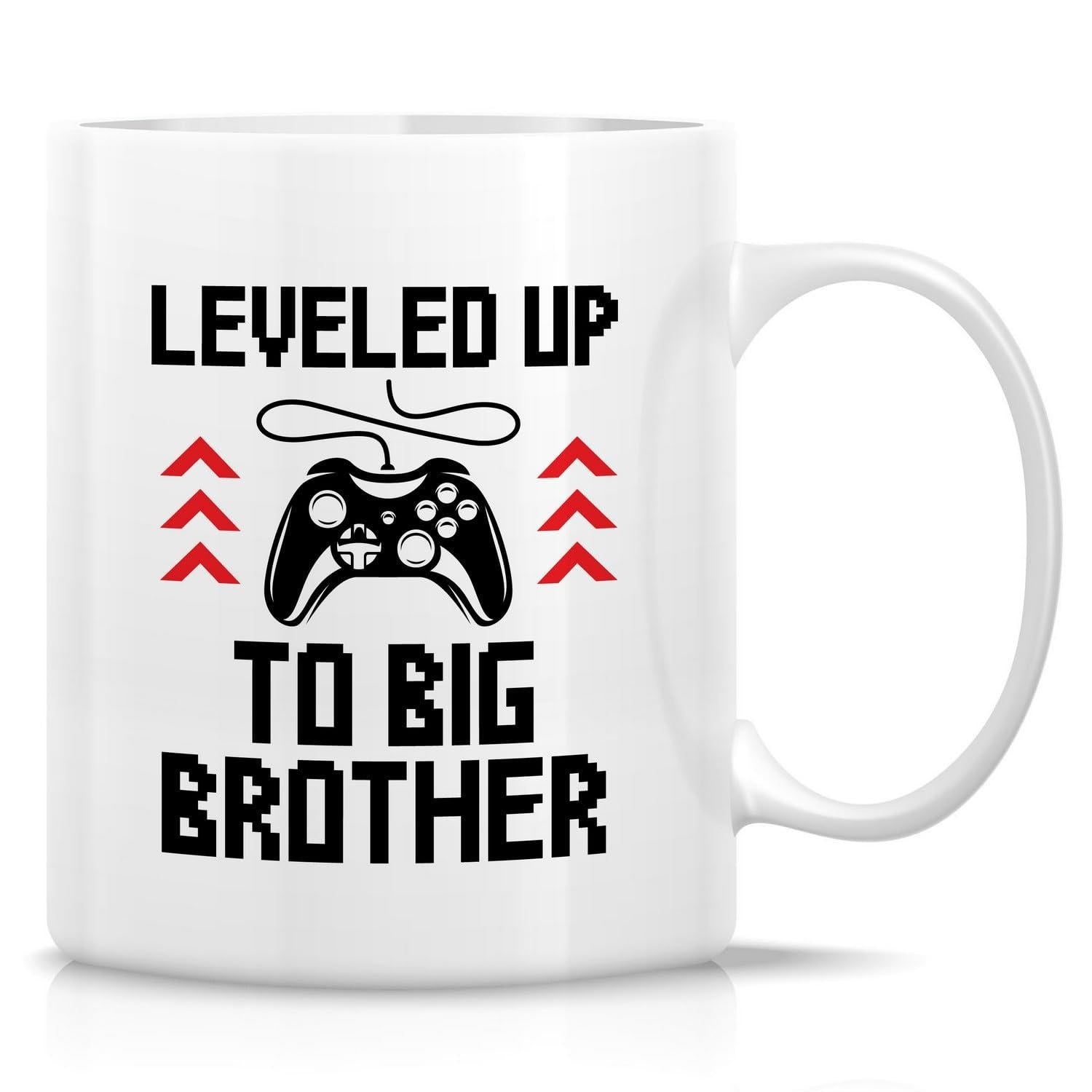 Tailorly White Ceramic 11 oz Mug - Leveled Up To Big Brother Modern Gaming Device With Red Symbolic Arrows In Pixelated Style Controller