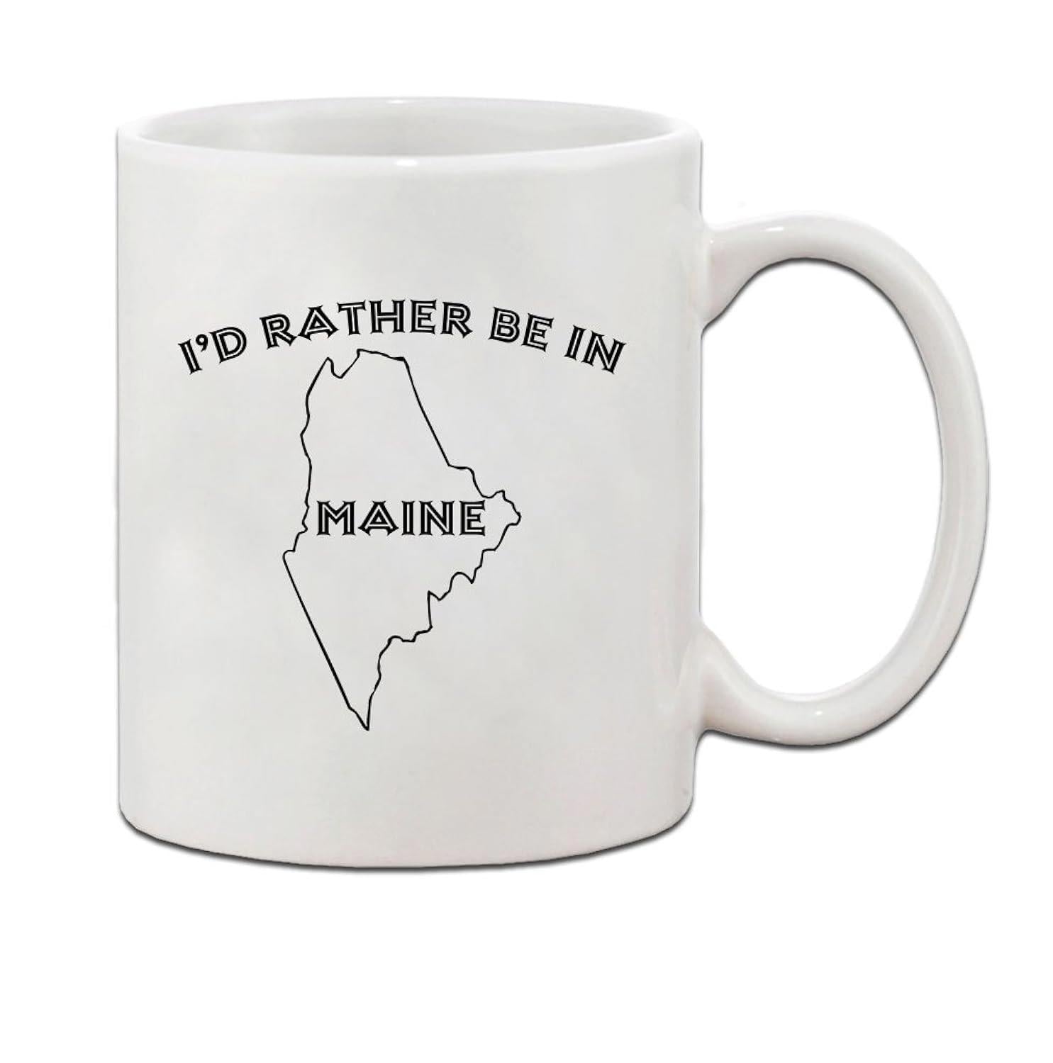 Tailorly White Ceramic 11 oz Mug - Id Rather Be In Maine Minimalist Black Outline Illustrating The Geographic Shape Of Coastal Maine State Map