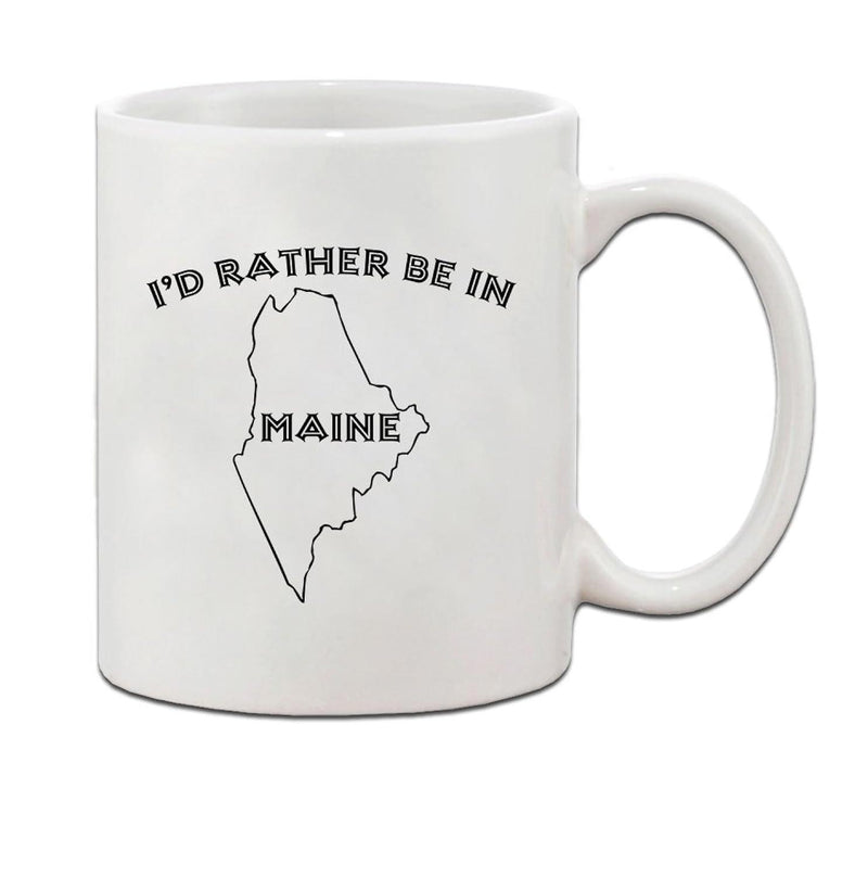 Tailorly White Ceramic 11 oz Mug - Id Rather Be In Maine Minimalist Black Outline Illustrating The Geographic Shape Of Coastal Maine State Map