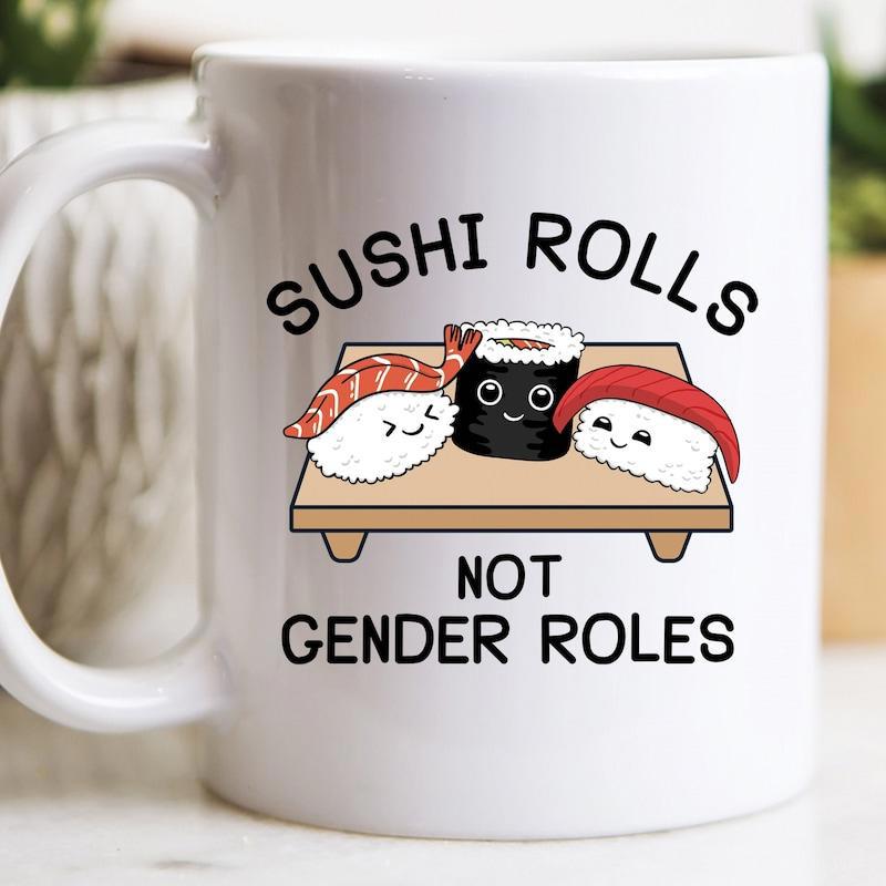 Tailorly White Ceramic 11 oz Mug - Sushi Rolls Not Gender Roles Cute Kawaii Characters Sitting On A Wooden Serving Board Platter Sushi