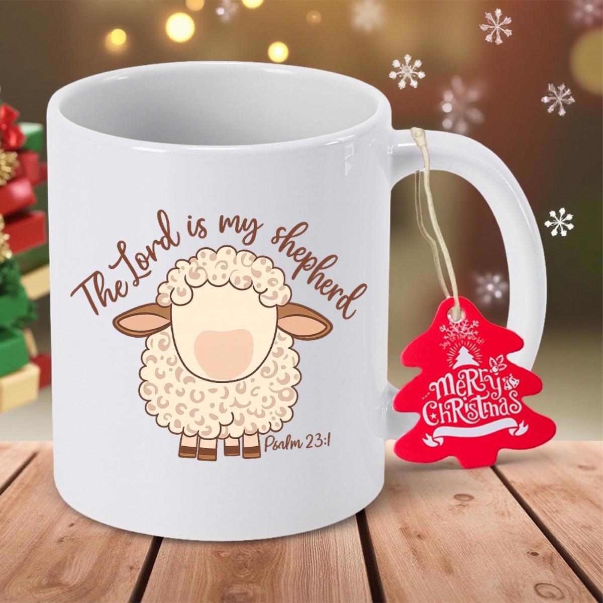 Tailorly White Ceramic 11 oz Mug - The Lord Is My Shepherd Psalm 23 1 Adorable Hand Drawn Fluffy White Animal Standing Over Wooden Surface Sheep