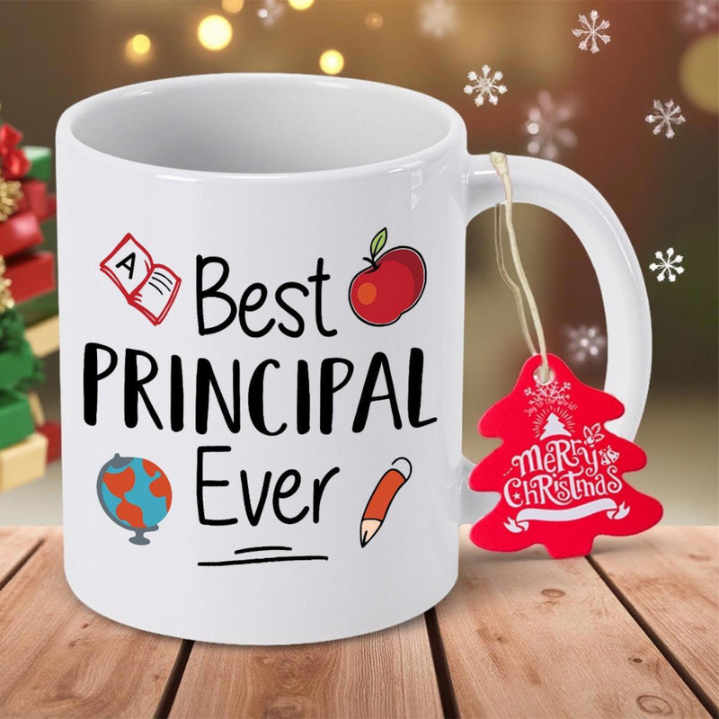 Tailorly White Ceramic 11 oz Mug - Best Principal Ever Hand Drawn School Icons With Red Apple And Pencil Ceramic Mug