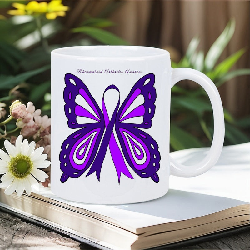 Tailorly White Ceramic 11 oz Mug - Rheumatoid Arthritis Awareness Beautiful Purple Awareness Ribbon With Graceful Spread Wings Of Hope Butterfly