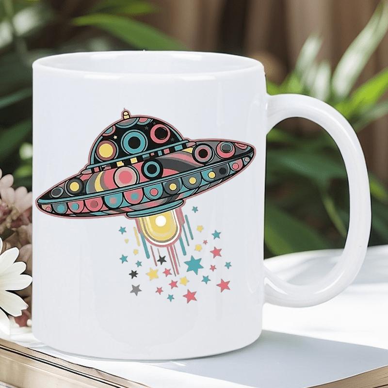 Tailorly White Ceramic 11 oz Mug - Colorful Mosaic Flying Saucer Hovering With Vibrant Starry Beams Light UFO