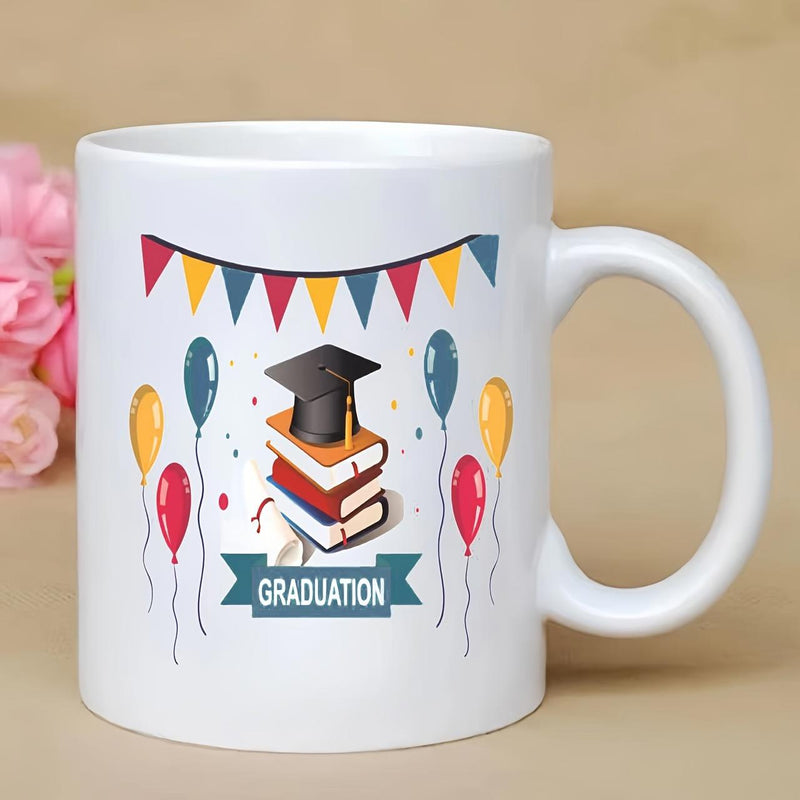 Tailorly White Ceramic 11 oz Mug - Graduation Festive Bunting And Colorful Balloons Surrounding Academic Books With Mortarboard