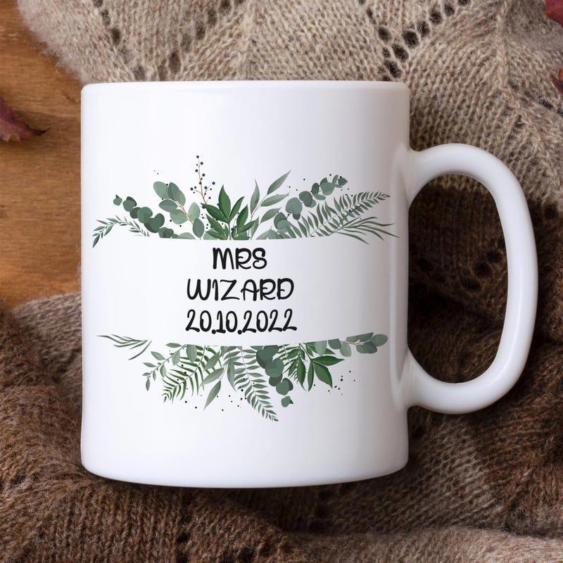 Tailorly White Ceramic 11 oz Mug - Mrs Wizard Lush Green Watercolor Botanical Leaves And Fern Foliage