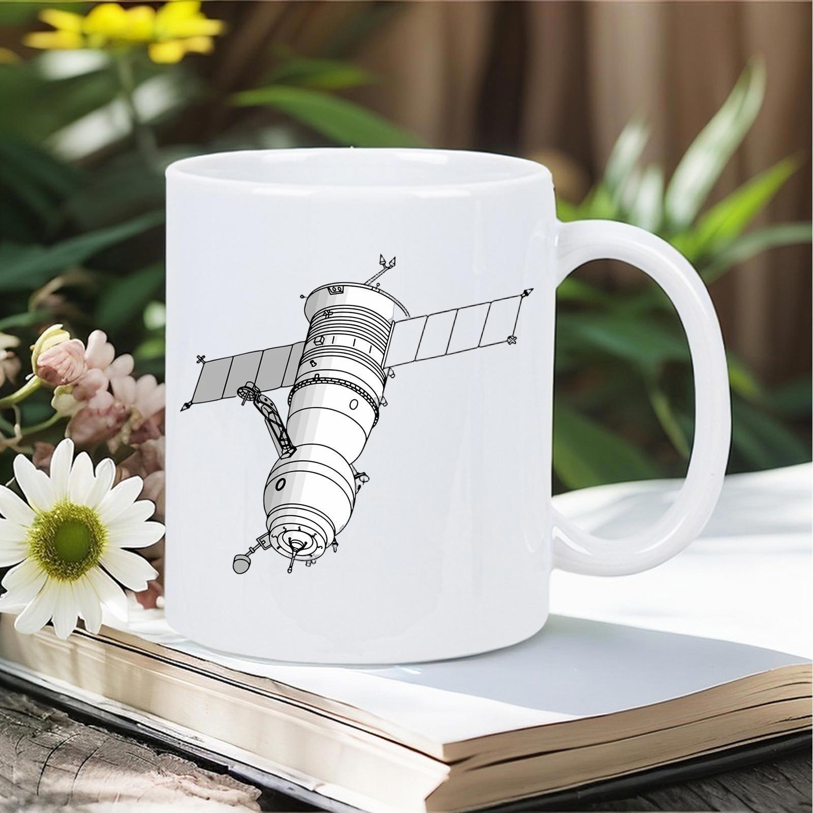 Tailorly White Ceramic 11 oz Mug - Intricate Technical Line Drawing Of An Orbital Station With Panels Spacecraft