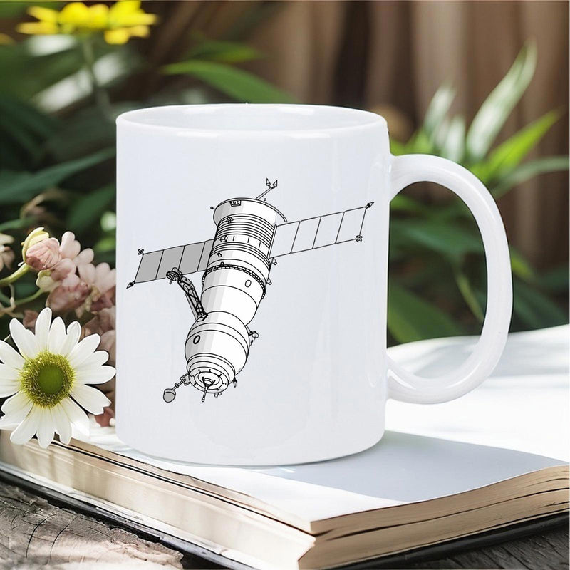 Tailorly White Ceramic 11 oz Mug - Intricate Technical Line Drawing Of An Orbital Station With Panels Spacecraft