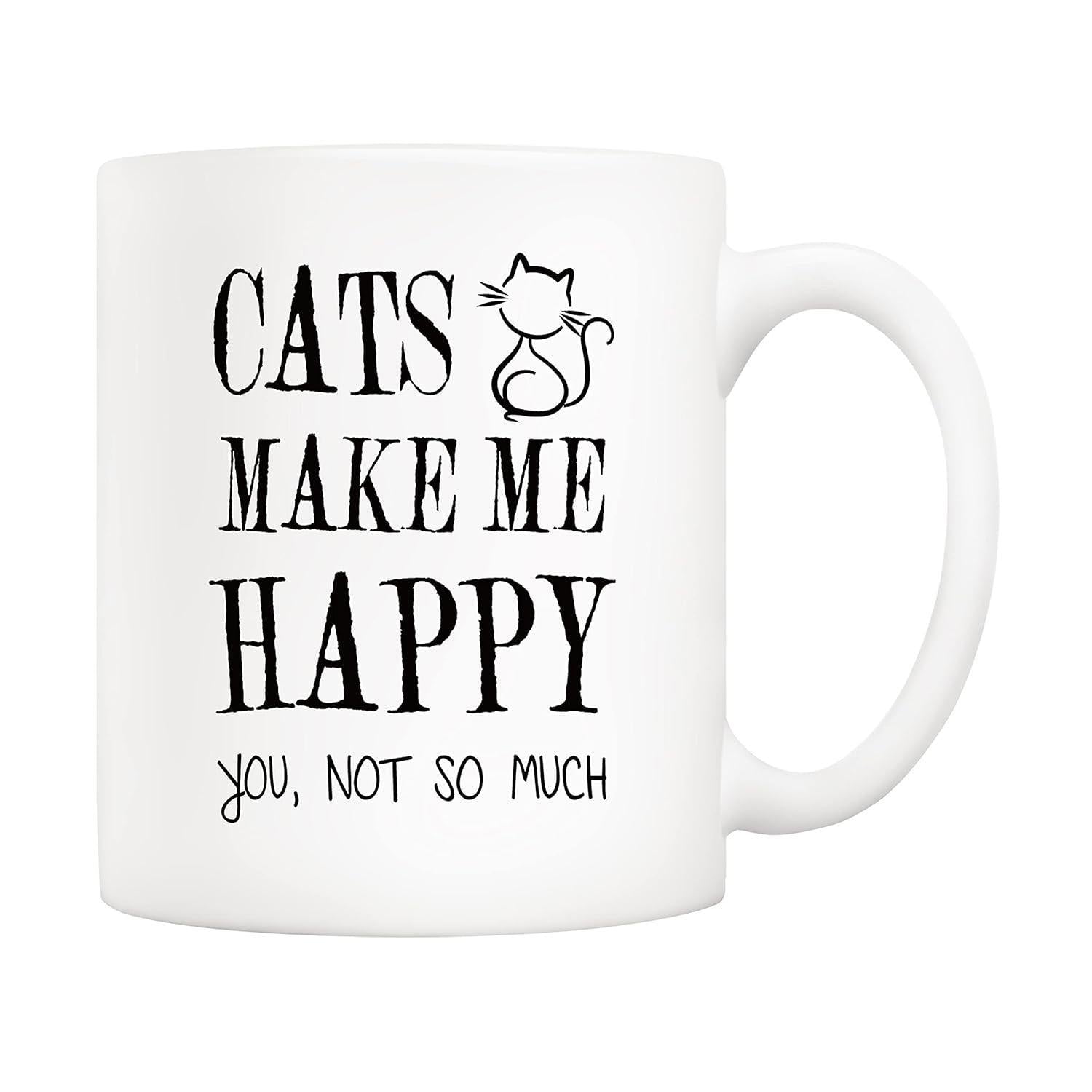 Tailorly White Ceramic 11 oz Mug - Cats Make Me Happy You Not So Much Minimalist Black Line Drawing Representing A Quietly Sitting Domestic Cat