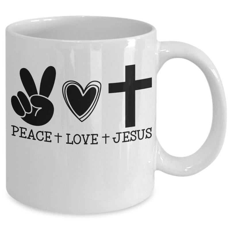 Tailorly White Ceramic 11 oz Mug - Peace Love Jesus Minimalist Black Icons Representing Spiritual Harmony Including Hand And Heart Cross