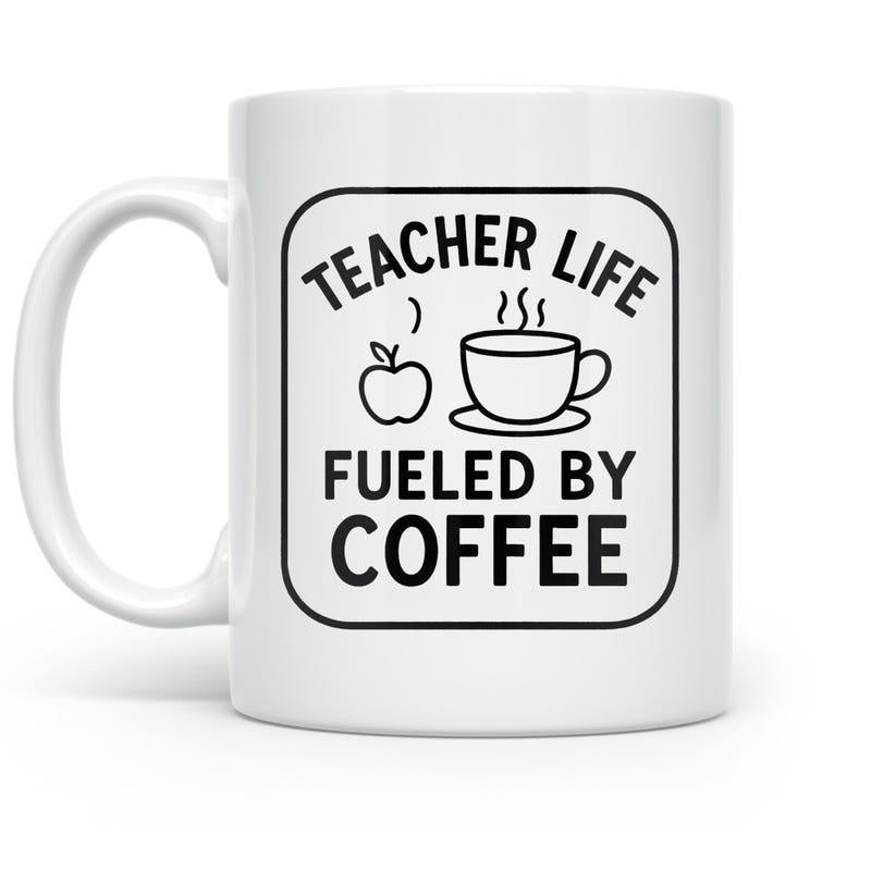 Tailorly White Ceramic 11 oz Mug - Teacher Life Fueled By Coffee Minimalist Line Art Drawing Of An Apple And Hot Steaming Mug