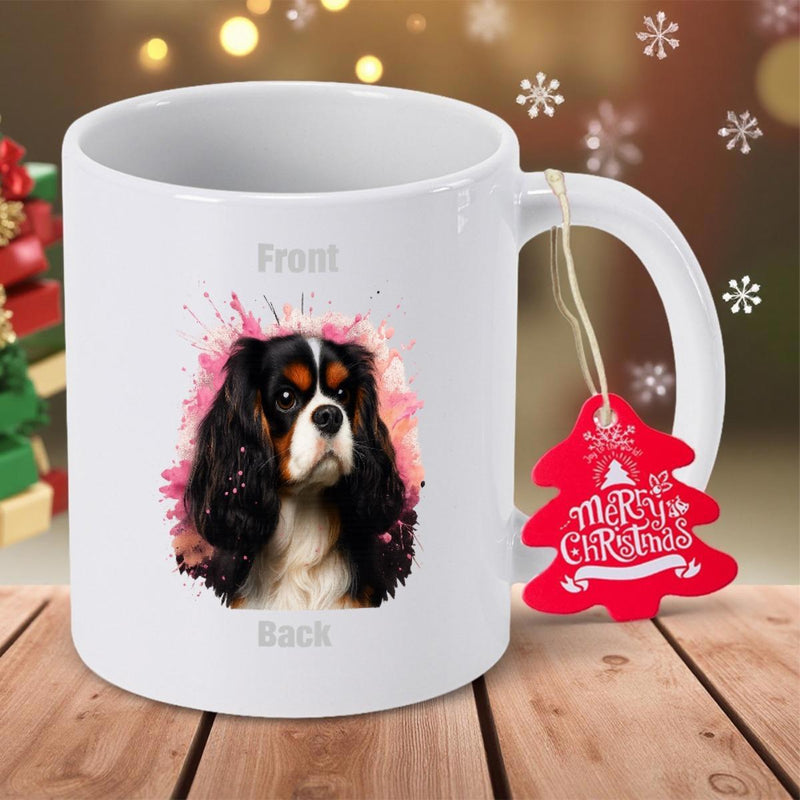 Tailorly White Ceramic 11 oz Mug - Merry Christmas Elegant Cavalier King Charles Spaniel Surrounded By Pink Watercolor Splashes Dog