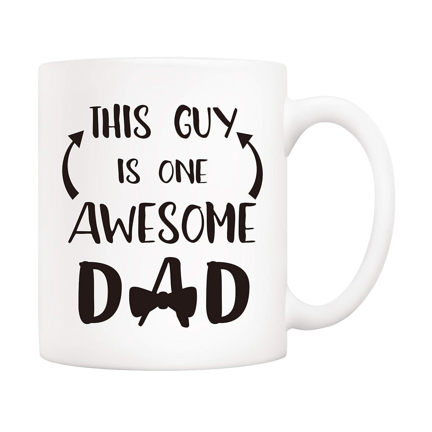 Tailorly White Ceramic 11 oz Mug - This Guy Is One Awesome Dad Classic Black Ink Typographic Design Featuring Symmetrical Arrows And Bowtie Mug