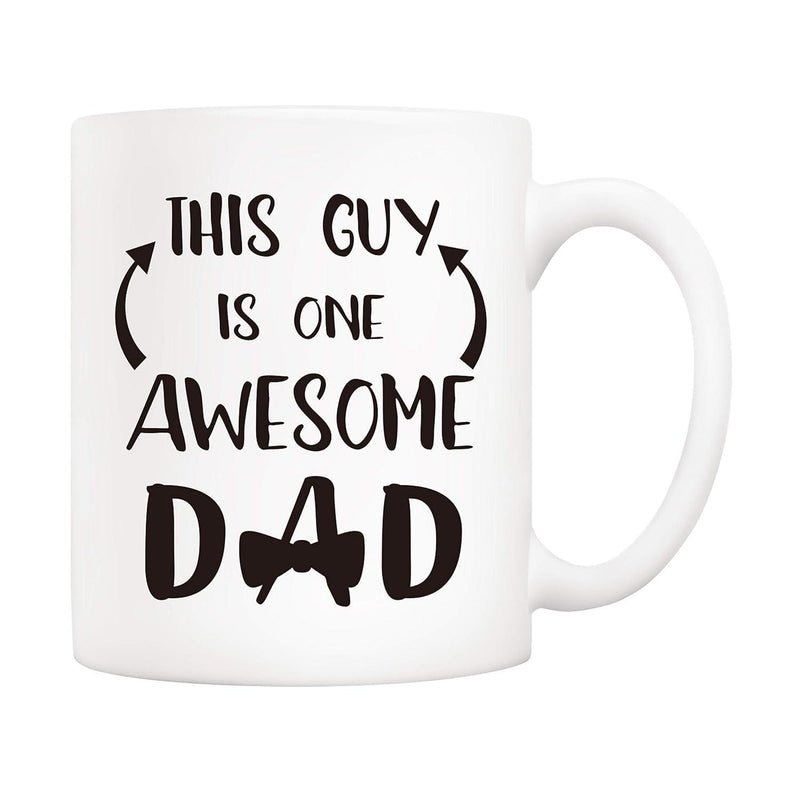 Tailorly White Ceramic 11 oz Mug - This Guy Is One Awesome Dad Classic Black Ink Typographic Design Featuring Symmetrical Arrows And Bowtie Mug
