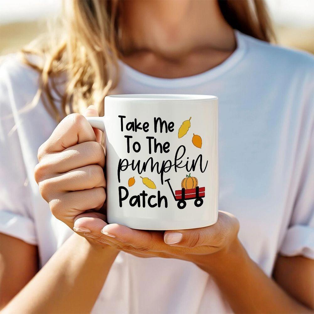 Tailorly White Ceramic 11 oz Mug - Take Me To The Pumpkin Patch Red Little Wagon Carrying Harvest Bounty Under Drifting Golden Autumn Leaves Wagon