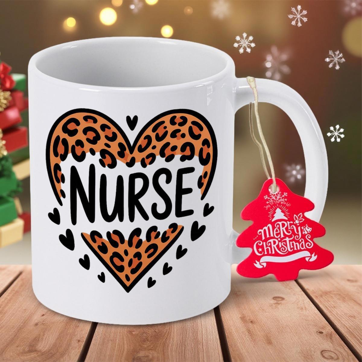 Tailorly White Ceramic 11 oz Mug - Nurse Leopard Print Pattern Within A Large Symbol Surrounded By Tiny Hearts Heart