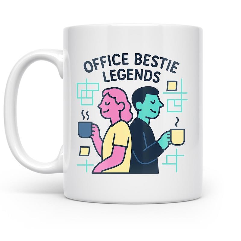 Tailorly White Ceramic 11 oz Mug - Office Bestie Legends Two Stylized Coworkers Standing Back To Back Holding Steaming Coffee Mugs Coworkers