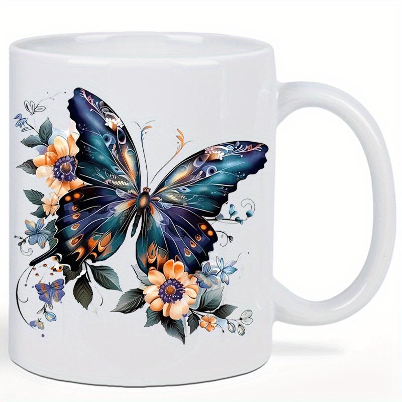 Tailorly White Ceramic 11 oz Mug - Elegant Blue Butterfly Resting Gracefully Among Beautiful Golden Summer Flowers Butterfly