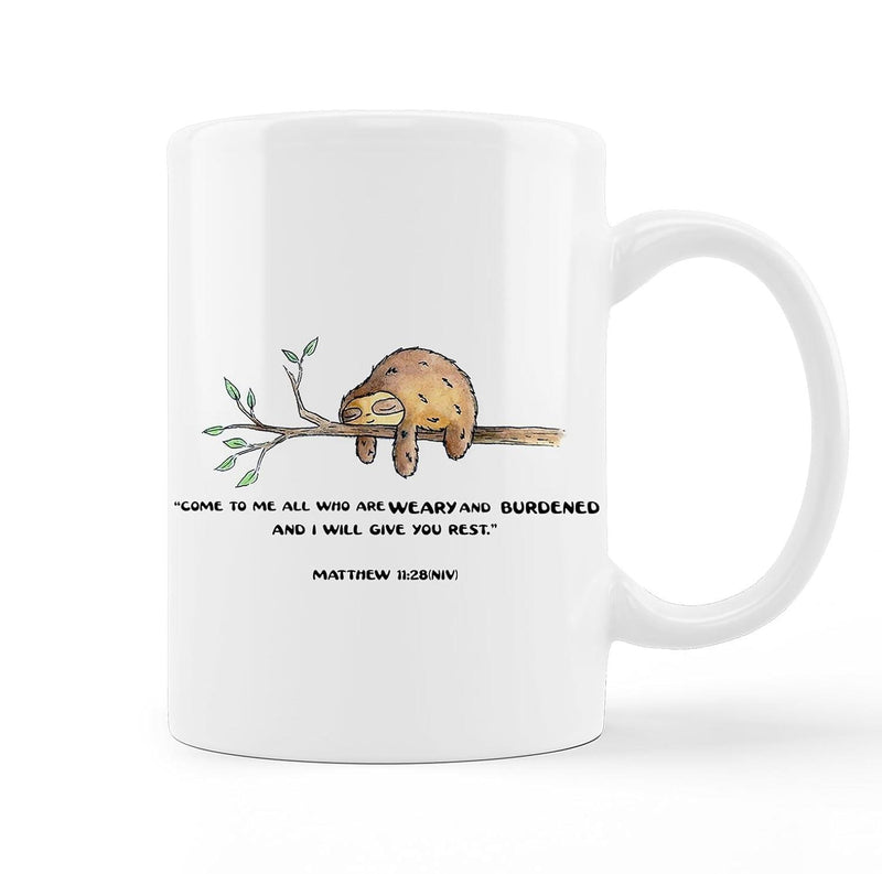 Tailorly White Ceramic 11 oz Mug - Come To Me All Who Are Weary And Burdened And I Will Give You Rest Matthew 11 28 Cute Brown Sloth Sleeping Peacefully On A Tree
