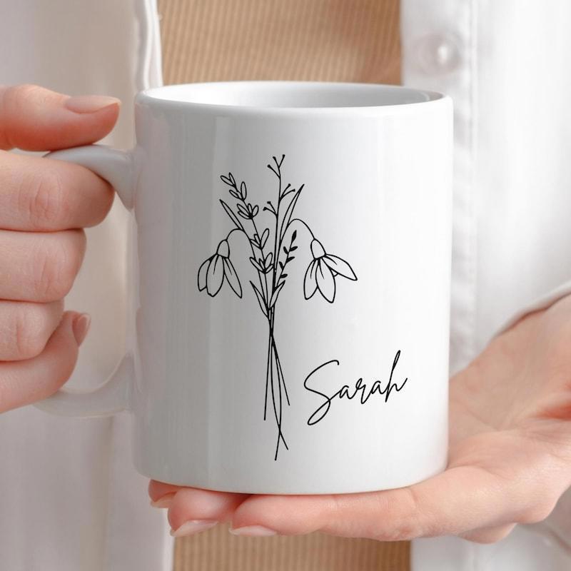 Tailorly White Ceramic 11 oz Mug - Sarah Minimalist Hand Drawn Black Line Art With Elegant Slender Stems Flower