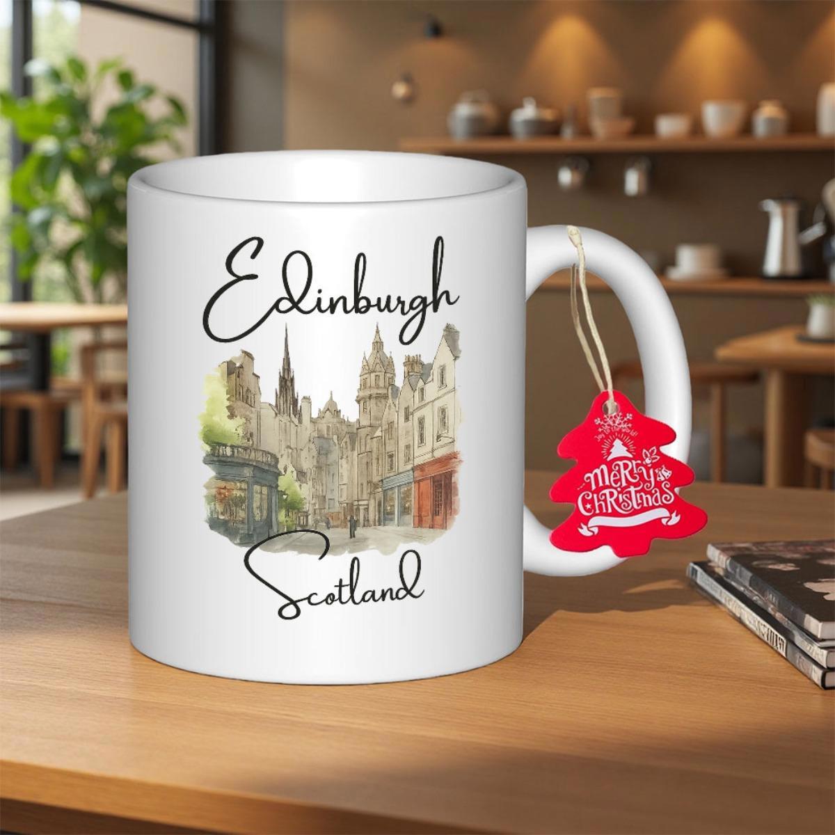 Tailorly White Ceramic 11 oz Mug - Edinburgh Scotland Classic Historical Architecture Featuring Watercolor Textures Of Old European Streets Cityscape
